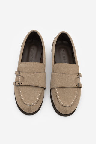 Kadın Loafer Tokalı Çift Bantlı Günlük Ayakkabı Ovora - Bej Süet
