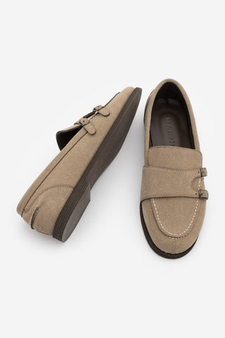 Kadın Loafer Tokalı Çift Bantlı Günlük Ayakkabı Ovora - Bej Süet