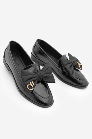 Kadın Loafer Fiyonklu Günlük Ayakkabı Santoz - Siyah Rugan