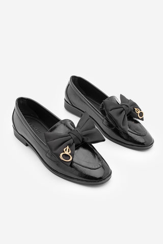 Kadın Loafer Fiyonklu Günlük Ayakkabı Santoz - Siyah Rugan
