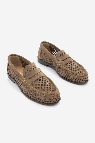 Kadın Loafer Hakiki Deri Delikli Büzgülü Günlük Ayakkabı Lorpe - Camel Süet