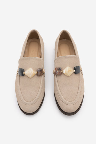 Kadın Loafer Taşlı Günlük Ayakkabı Meniva - Bej Süet