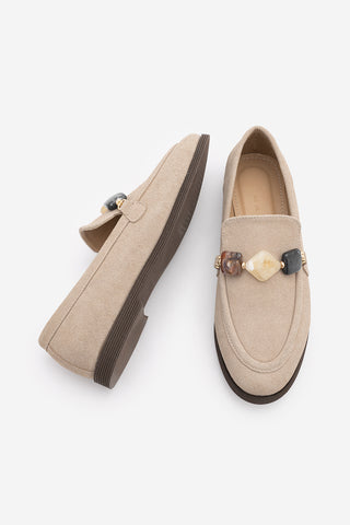 Kadın Loafer Taşlı Günlük Ayakkabı Meniva - Bej Süet