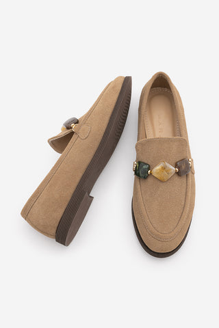 Kadın Loafer Taşlı Günlük Ayakkabı Meniva - Camel Süet