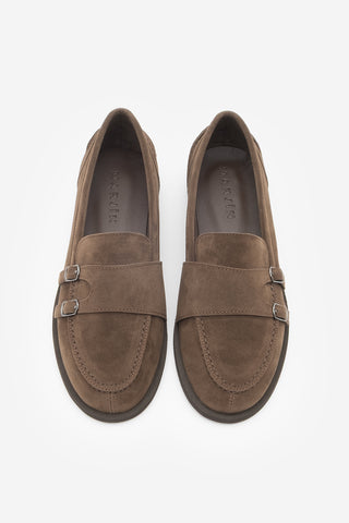 Kadın Loafer Tokalı Çift Bantlı Günlük Ayakkabı Ovora - Kahve Süet