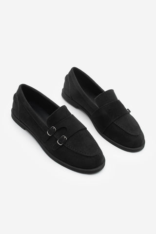 Kadın Loafer Tokalı Çift Bantlı Günlük Ayakkabı Ovora - Siyah Süet