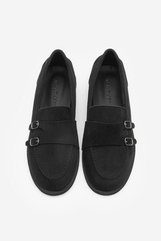 Kadın Loafer Tokalı Çift Bantlı Günlük Ayakkabı Ovora - Siyah Süet