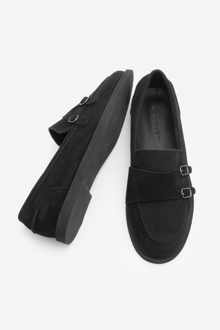 Kadın Loafer Tokalı Çift Bantlı Günlük Ayakkabı Ovora - Siyah Süet