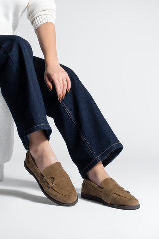 Kadın Loafer Tokalı Çift Bantlı Günlük Ayakkabı Ovora - Taba Süet