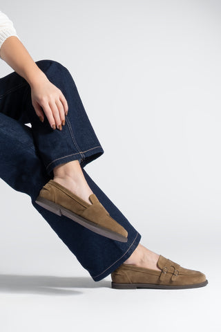 Kadın Loafer Tokalı Çift Bantlı Günlük Ayakkabı Ovora - Taba Süet