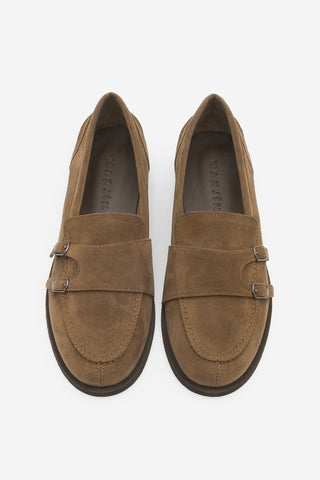 Kadın Loafer Tokalı Çift Bantlı Günlük Ayakkabı Ovora - Taba Süet