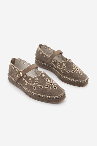 Kadın Nakışlı Bantlı Jüt Espadril Babet Forven - Vizon Keten