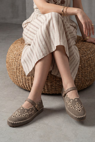 Kadın Nakışlı Bantlı Jüt Espadril Babet Forven - Vizon Keten