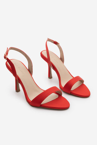 Kadın Bantlı Topuklu Sandalet Faldi - Kırmızı Saten