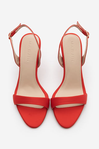 Kadın Bantlı Topuklu Sandalet Faldi - Kırmızı Saten