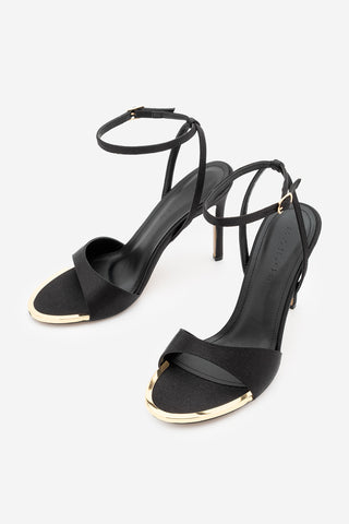 Kadın Oval Burun İnce Topuklu Sandalet Dospin - Siyah Saten