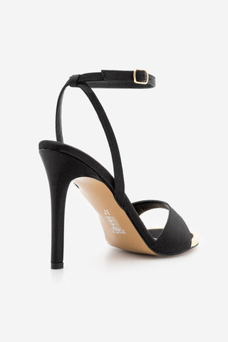 Kadın Oval Burun İnce Topuklu Sandalet Dospin - Siyah Saten