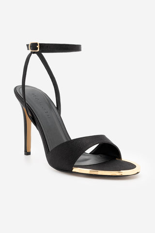 Kadın Oval Burun İnce Topuklu Sandalet Dospin - Siyah Saten