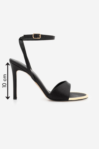 Kadın Oval Burun İnce Topuklu Sandalet Dospin - Siyah Saten