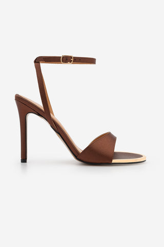 Kadın Oval Burun İnce Klasik Topuklu Sandalet Dospin - Kahve Saten