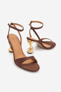 Kadın Metalik Altın Ökçe Klasik Topuklu Sandalet Lumera - Kahve Saten