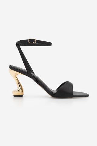 Kadın Metalik Altın Ökçe Klasik Topuklu Sandalet Lumera - Siyah Saten
