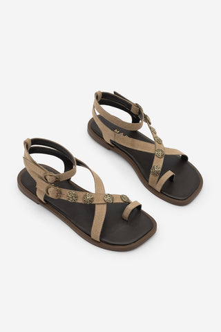 Kadın Parmak Arası Tokalı Günlük Sandalet Solveta - Bej Süet