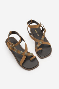 Kadın Parmak Arası Tokalı Günlük Sandalet Solveta - Taba Süet