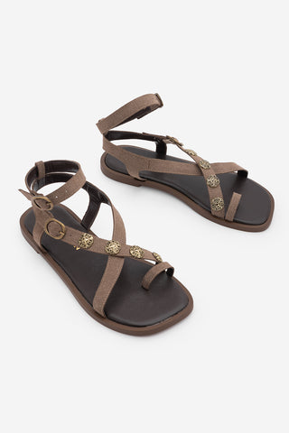 Kadın Parmak Arası Tokalı Günlük Sandalet Solveta - Vizon Süet