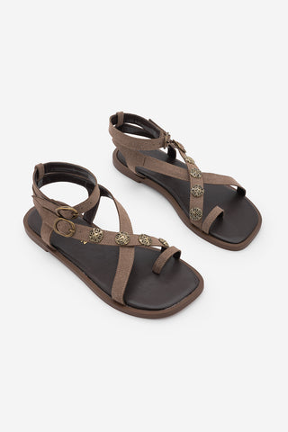 Kadın Parmak Arası Tokalı Günlük Sandalet Solveta - Vizon Süet