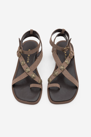 Kadın Parmak Arası Tokalı Günlük Sandalet Solveta - Vizon Süet