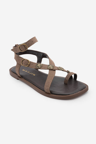 Kadın Parmak Arası Tokalı Günlük Sandalet Solveta - Vizon Süet