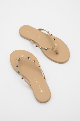 Kadın Parmak Arası Taşlı Günlük Terlik Selvera - Bej