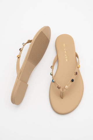 Kadın Parmak Arası Taşlı Günlük Terlik Selvera - Bej