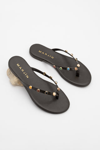 Kadın Parmak Arası Taşlı Günlük Terlik Selvera - Kahve