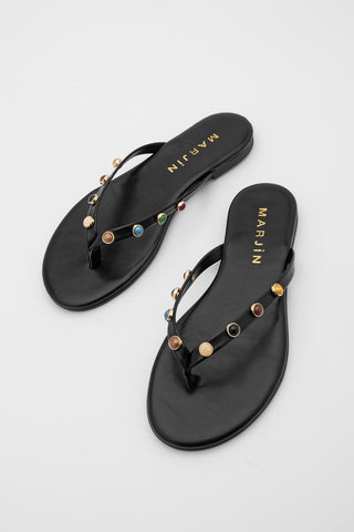 Kadın Parmak Arası Taşlı Günlük Terlik Selvera - Siyah