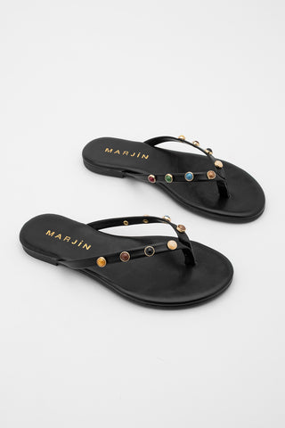 Kadın Parmak Arası Taşlı Günlük Terlik Selvera - Siyah