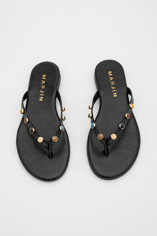 Kadın Parmak Arası Taşlı Günlük Terlik Selvera - Siyah