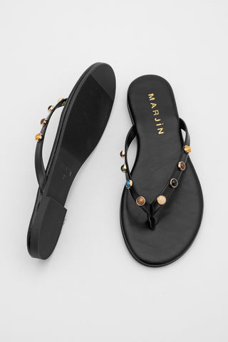 Kadın Parmak Arası Taşlı Günlük Terlik Selvera - Siyah