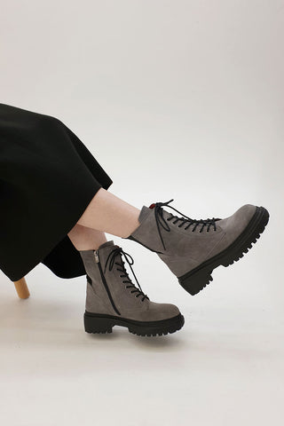 Kadın Hakiki Deri Postal Bot Poventa - Gri Süet