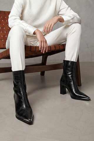 Kadın Sivri Burun Arkadan Fermuarlı Topuklu Bot Zavoli - Siyah Croco