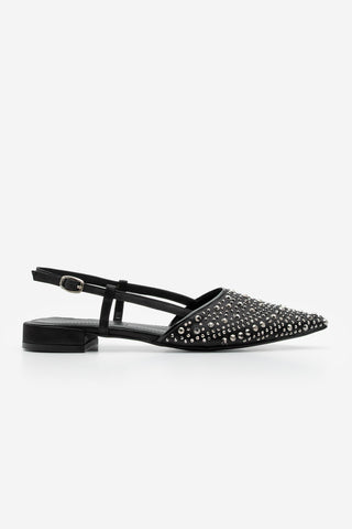 Kadın Sivri Burun Taşlı Babet Lerum - Siyah Saten