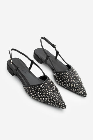 Kadın Sivri Burun Taşlı Babet Lerum - Siyah Saten