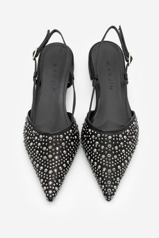 Kadın Sivri Burun Taşlı Babet Lerum - Siyah Saten