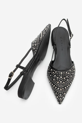 Kadın Sivri Burun Taşlı Babet Lerum - Siyah Saten