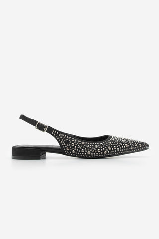 Kadın Sivri Burun Taşlı Babet Vorbi - Siyah Saten