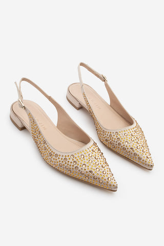 Kadın Sivri Burun Taşlı Babet Vorbi - Bej Saten