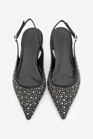Kadın Sivri Burun Taşlı Babet Vorbi - Siyah Saten