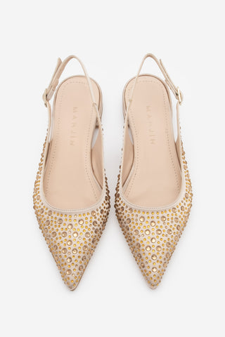 Kadın Sivri Burun Taşlı Babet Vorbi - Bej Saten