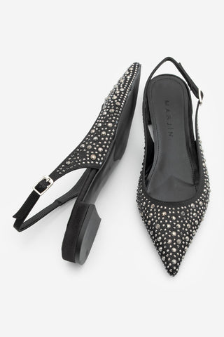 Kadın Sivri Burun Taşlı Babet Vorbi - Siyah Saten